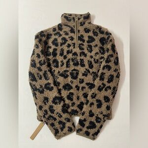 SKIMS Cozy Knit Leopard Half Zip Up Sweater Hoodie Jacket Brown Black Fur